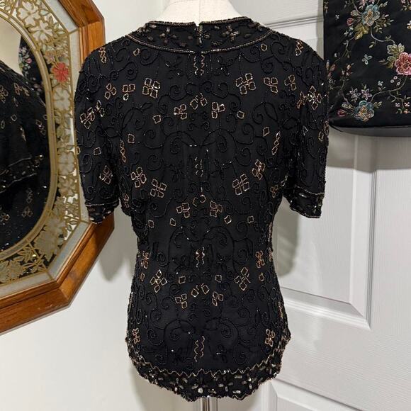 VTG 90s Mes Ami Black Silk & Shifty Gold Floral Floral Whimsy Beaded Sequin Top - Picture 5 of 8